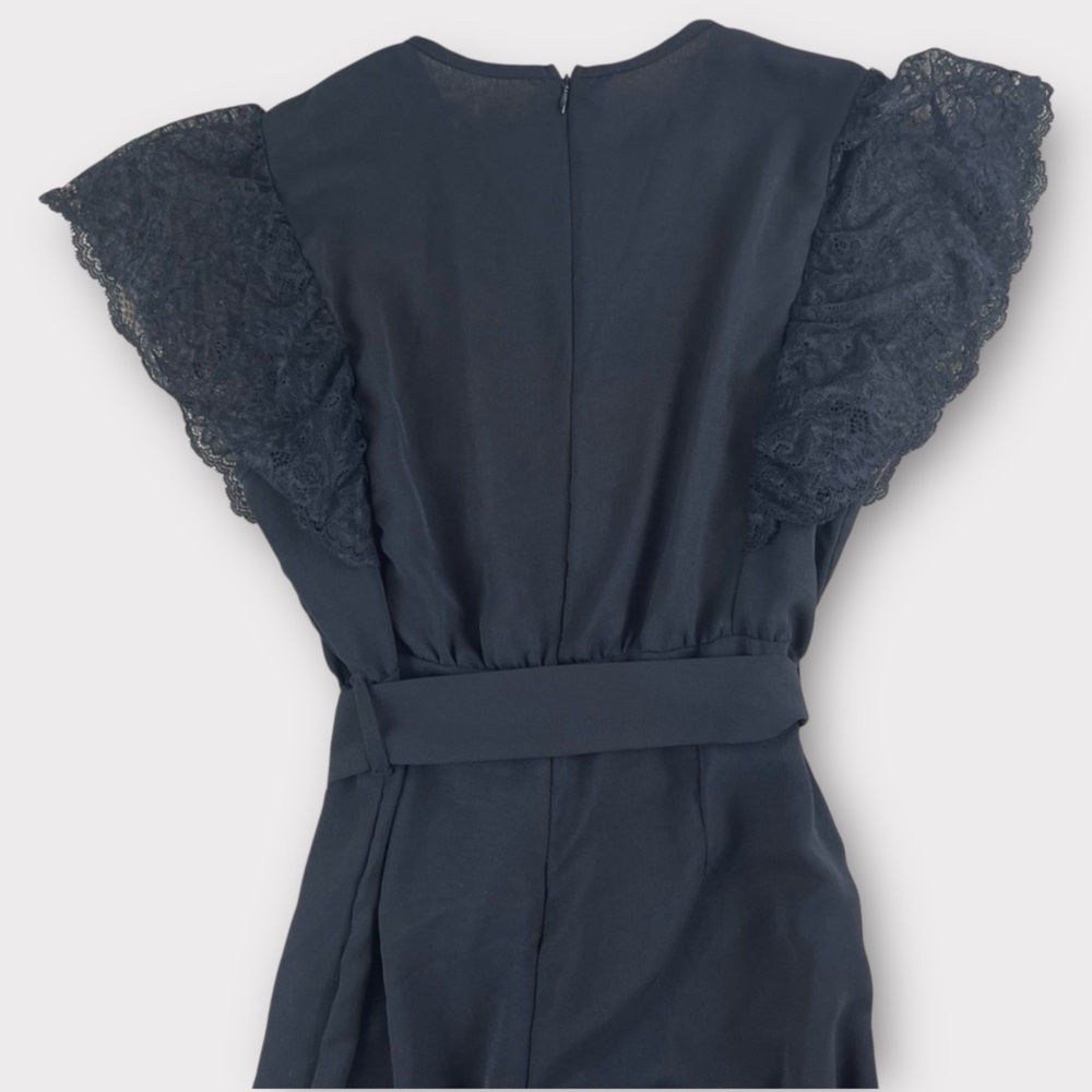 SHEIN Lace Flutter Sleeve Belted Wide Leg Jumpsuit Black Size Small NWOT - Picture 4 of 6